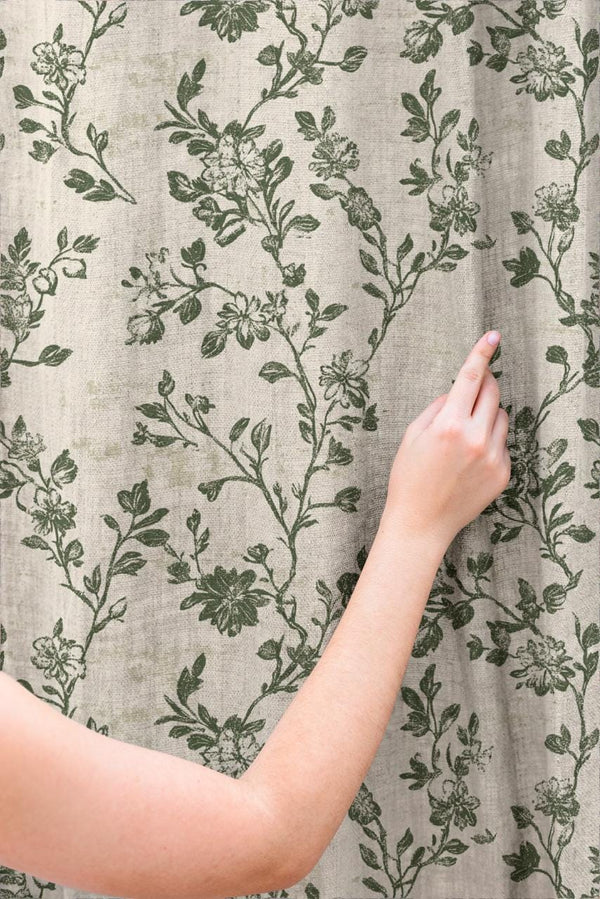 Rustic Green Botanical Linen Curtains: Toile Style,  Vintage Shabby Chic Decor