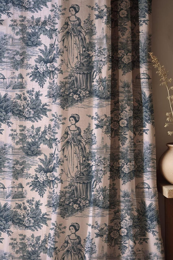 Classic Toile de Jouy Linen Curtains - French Country Drapes - Vintage Pastoral Window Treatment