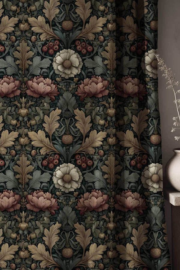 William Morris Linen Curtains - Dark Victorian Floral Linen Drapes - Arts and Crafts Window Treatment