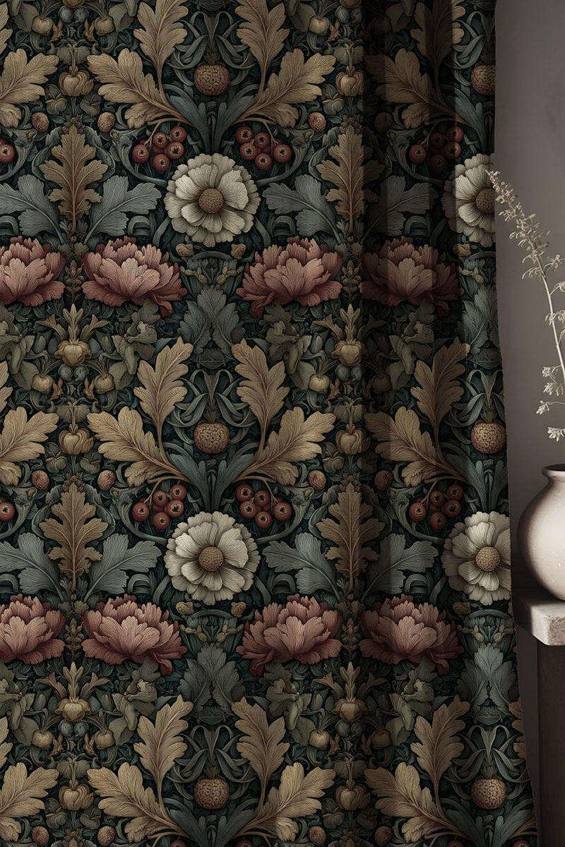 William Morris Linen Curtains - Dark Victorian Floral Linen Drapes - Arts and Crafts Window Treatment