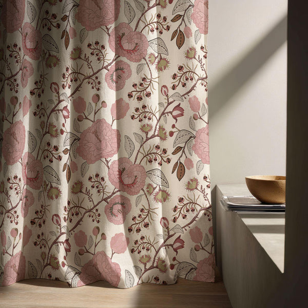 Vintage-Pink-Floral-Print Linen Curtain – Soft Botanical Bloom Drape for Natural Home Decor