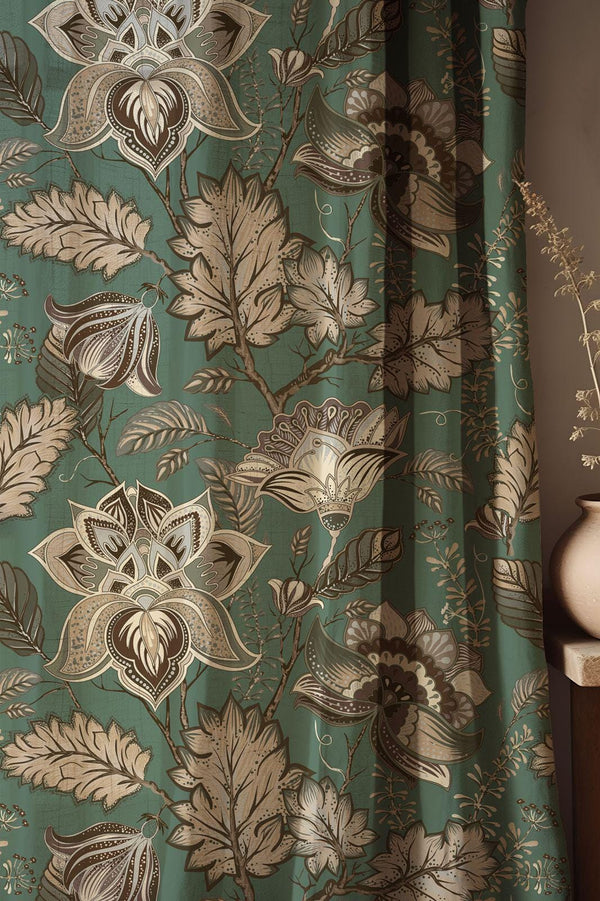 Teal-Leaf-Floral-Print Linen Curtain – Soft Botanical Bloom Drape for Natural Home Decor