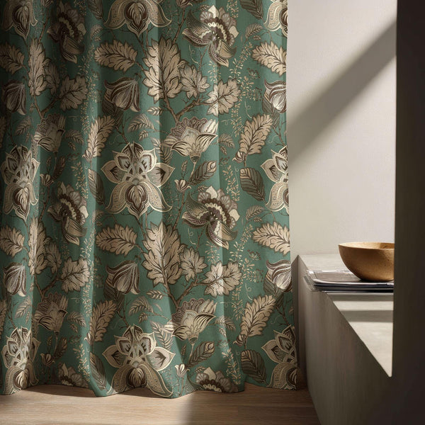 Teal-Leaf-Floral-Print Linen Curtain – Soft Botanical Bloom Drape for Natural Home Decor