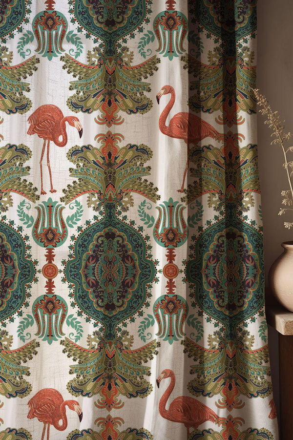Flamingo-Ornamental-Print Linen Curtain – Colorful Vintage Medallion Pattern Drape
