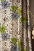 Blue-Green-Floral-Print Linen Curtain – Sketch Rose Botanical Pattern Drape - Image 1