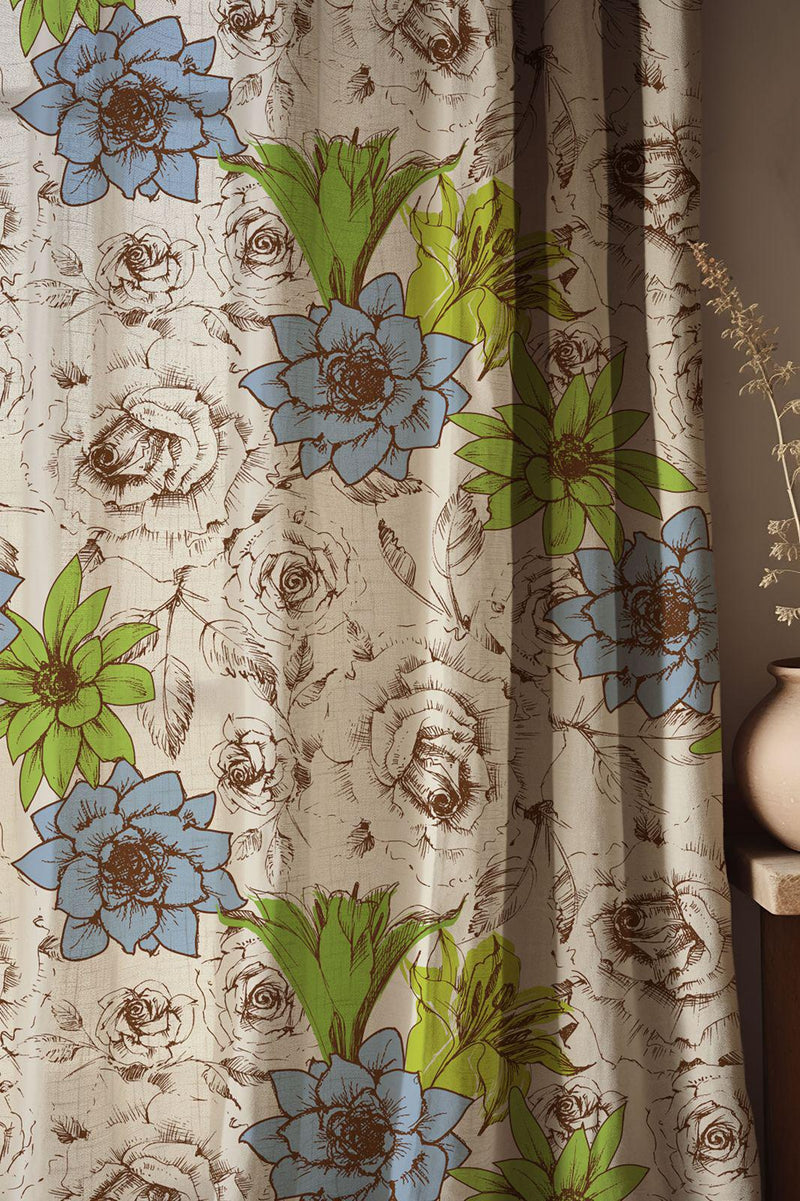 Blue-Green-Floral-Print Linen Curtain – Sketch Rose Botanical Pattern Drape