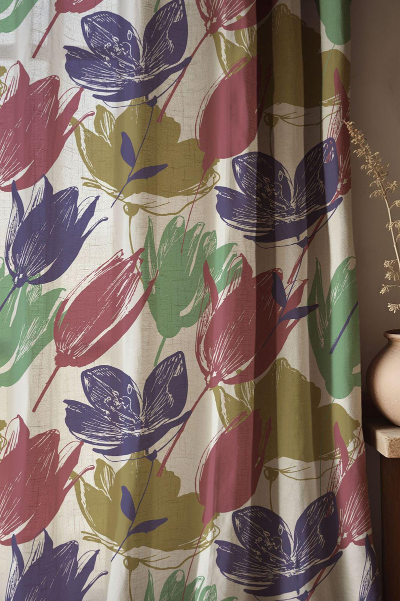 Multicolor Abstract Floral Linen Curtain – Bold Modern Bloom Pattern Drape