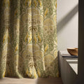 Green Art Nouveau Linen Curtain – Vintage Yellow Bird & Floral Botanical Print Drape - Image 2