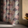 Retro Scallop Fan Linen Curtain – Pink & Taupe Art Deco Print Linen Drape - Image 2