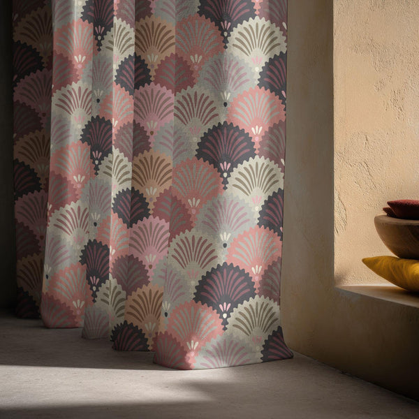 Retro Scallop Fan Linen Curtain – Pink & Taupe Art Deco Print Linen Drape