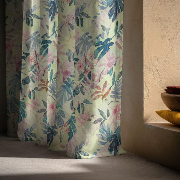Tropical Watercolor Botanical Linen Curtain – Pink & Teal Leaf Pattern Print Drape