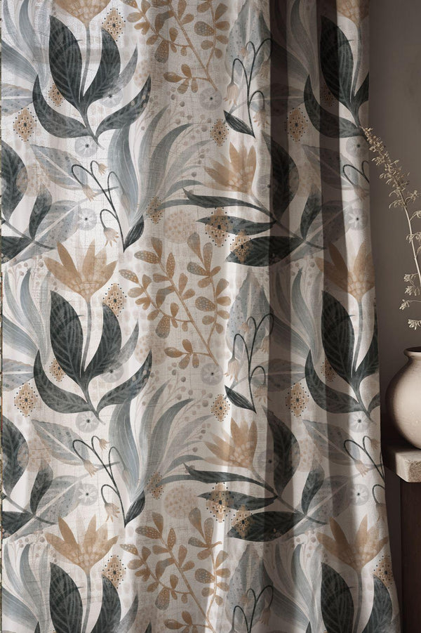 Smokey Floral Linen Curtains - Scandinavian Leaf Drapes - Muted Botanical Window Treatment