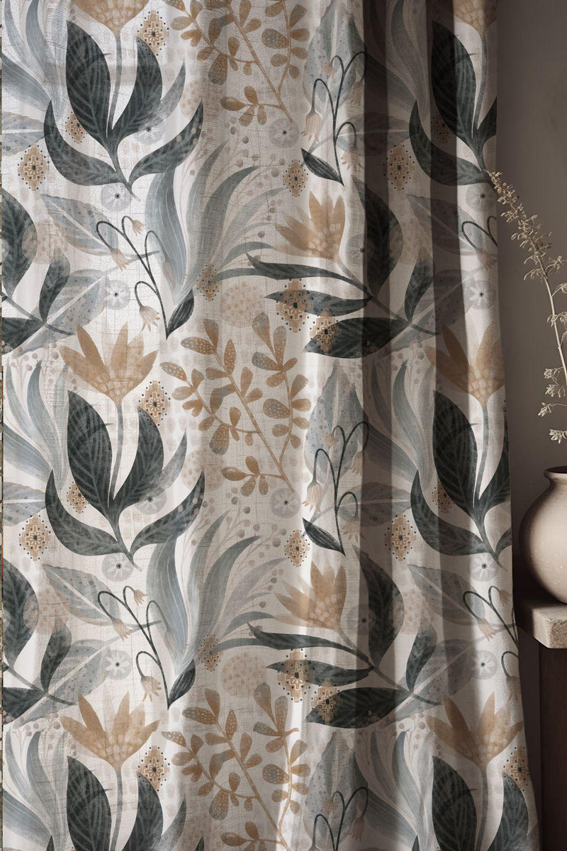Smokey Floral Linen Curtains - Scandinavian Leaf Drapes - Muted Botanical Window Treatment