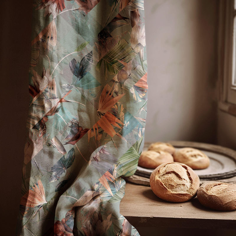 Tropical Abstract Botanical Linen Curtain – Teal & Terracotta Layered Leaf Print Drape