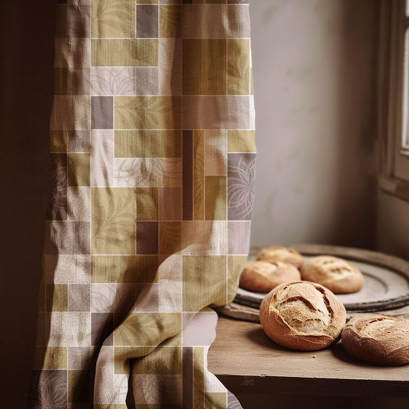 Modern Geometric Linen Curtain – Olive & Taupe Block Pattern Drape