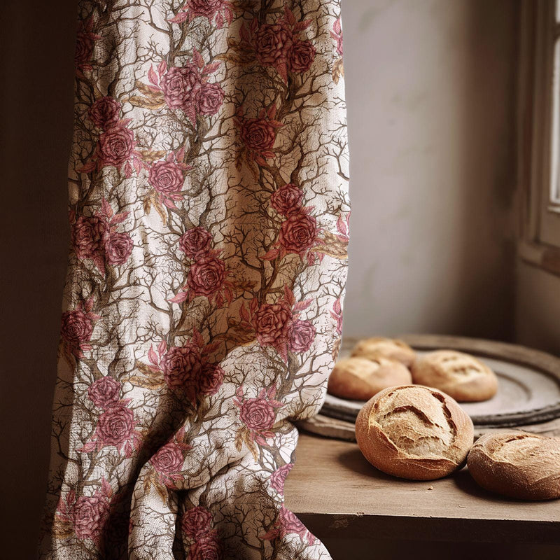 Vintage Rose Branch Linen Curtain – Dusty Pink Floral & Twig Linen Drape