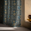 Geometric Floral Block Linen Curtain – Blue & Beige Art Deco Linen Drape - Image 2