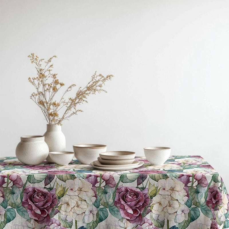 Floral-Rose-Hydrangea Linen Tablecloth: Linen Fabric, With Roses & Hydrangeas Pattern