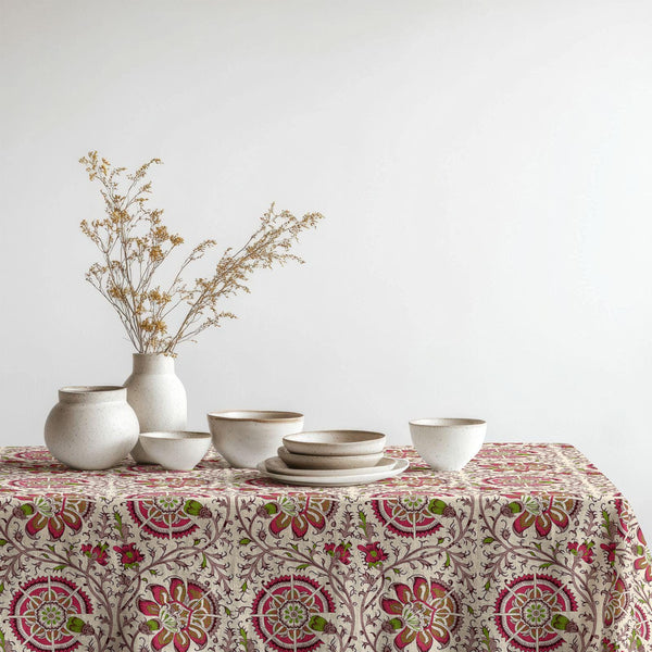 Vintage Medallion Floral Linen Tablecloth: Red & Green Botanical Print, Cotton-Linen Blend