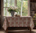 Vintage Medallion Floral Linen Tablecloth: Red & Green Botanical Print, Cotton-Linen Blend - Image 1