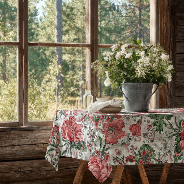 Vintage Botanical Floral Linen Tablecloth: Red Garden Flower Print, Cotton-Linen Blend
