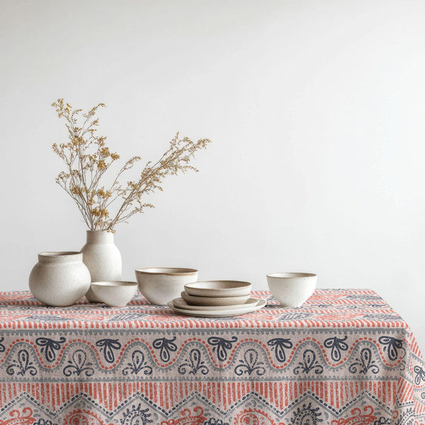 Boho-Tribal Pattern Linen Tablecloth: Terracotta & Navy Print, Cotton-Linen Blend