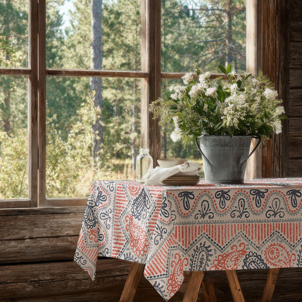 Boho-Tribal Pattern Linen Tablecloth: Terracotta & Navy Print, Cotton-Linen Blend