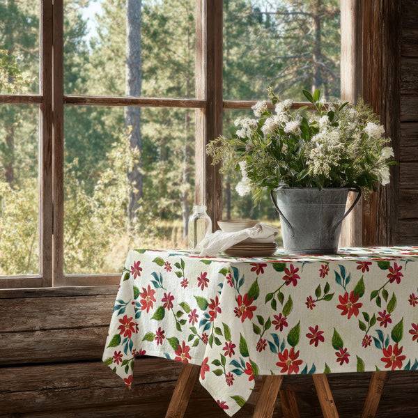 Red-Green Botanical Floral Tablecloth: Watercolor Garden Print, Cotton-Linen Blend