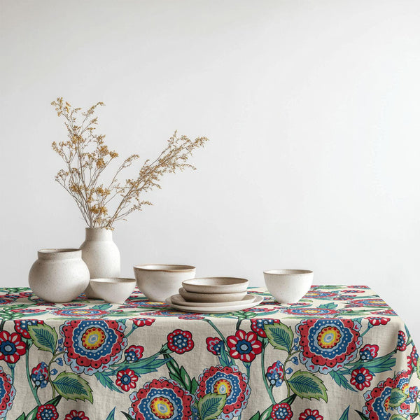 Colorful Folk-Art Floral Tablecloth: Vibrant Botanical Print, Cotton-Linen Blend