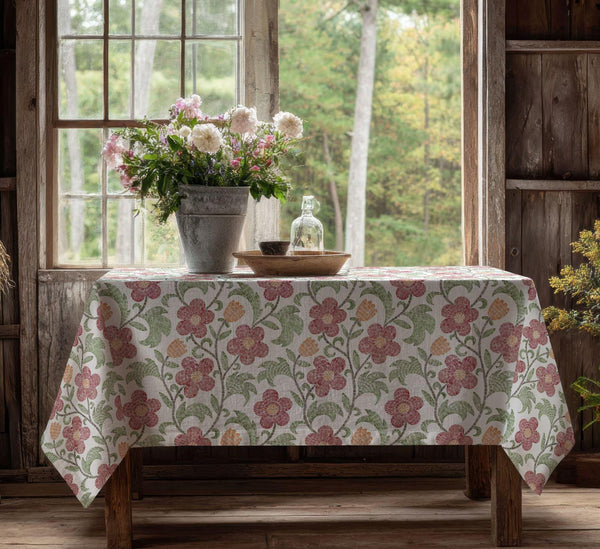 Floral Botanical Linen Tablecloth: Vintage Garden Print, Cotton-Linen Blend