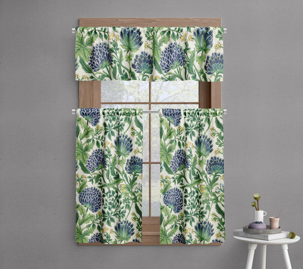 Blue Thistle Linen Curtains - William Morris Style Drapes - Green Botanical Window Treatment