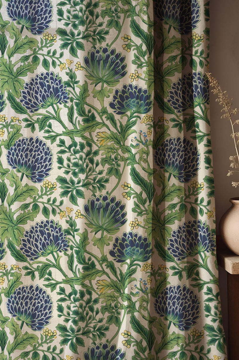 Blue Thistle Linen Curtains - William Morris Style Drapes - Green Botanical Window Treatment