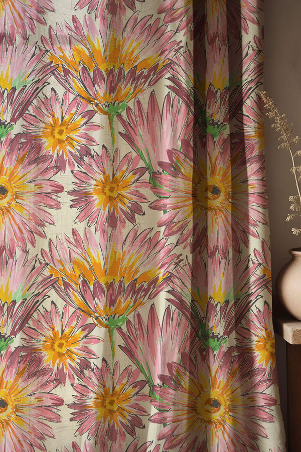 Pink-Yellow-Floral-Print Linen Curtain – Vibrant Hand-Drawn Bloom Drape for Natural Home Decor