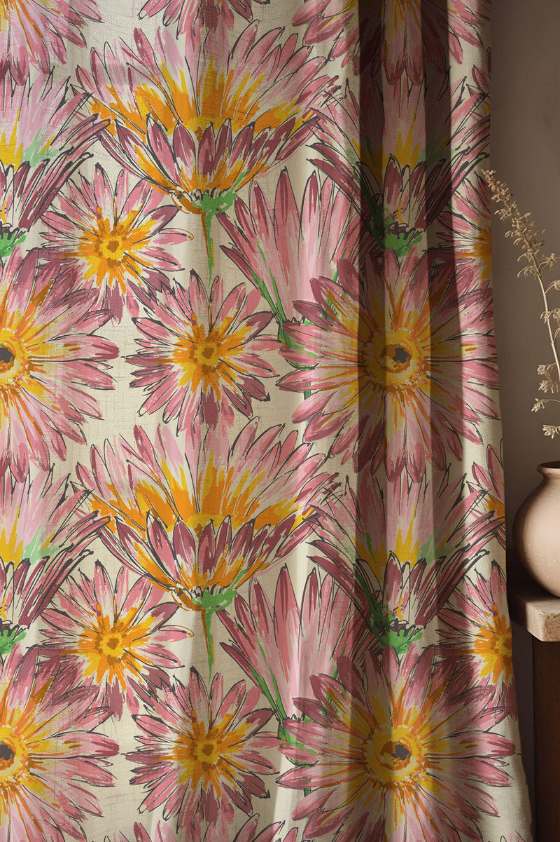Pink-Yellow-Floral-Print Linen Curtain – Vibrant Hand-Drawn Bloom Drape for Natural Home Decor