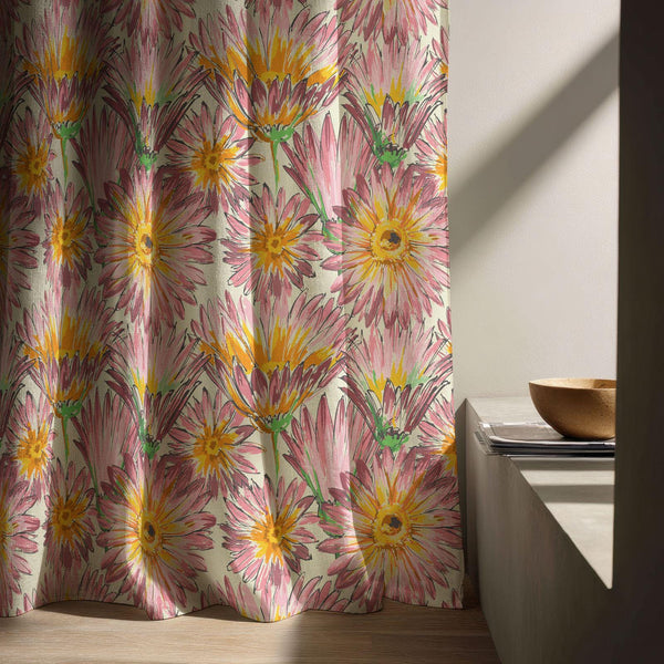 Pink-Yellow-Floral-Print Linen Curtain – Vibrant Hand-Drawn Bloom Drape for Natural Home Decor