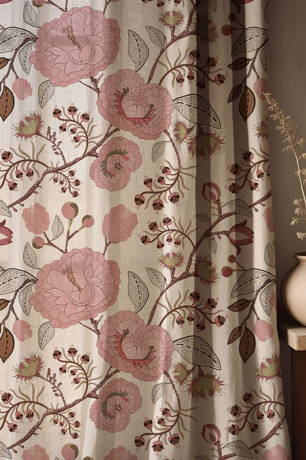 Vintage-Pink-Floral-Print Linen Curtain – Soft Botanical Bloom Drape for Natural Home Decor