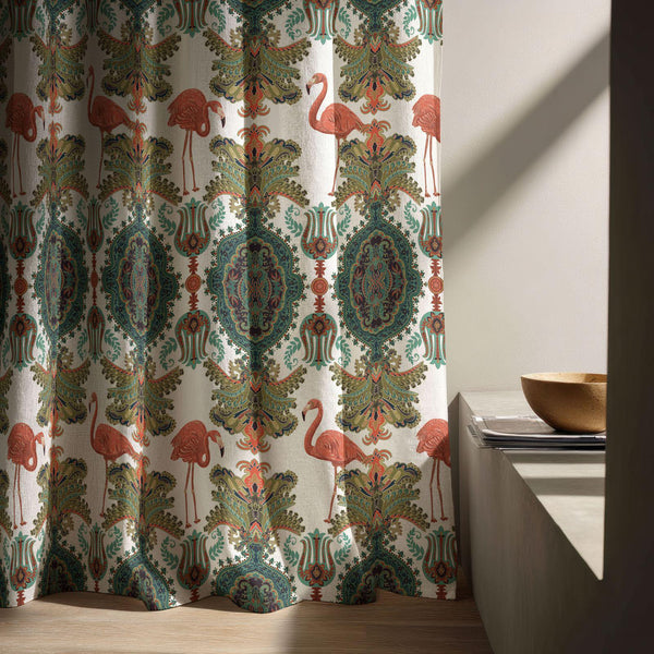 Flamingo-Ornamental-Print Linen Curtain – Colorful Vintage Medallion Pattern Drape