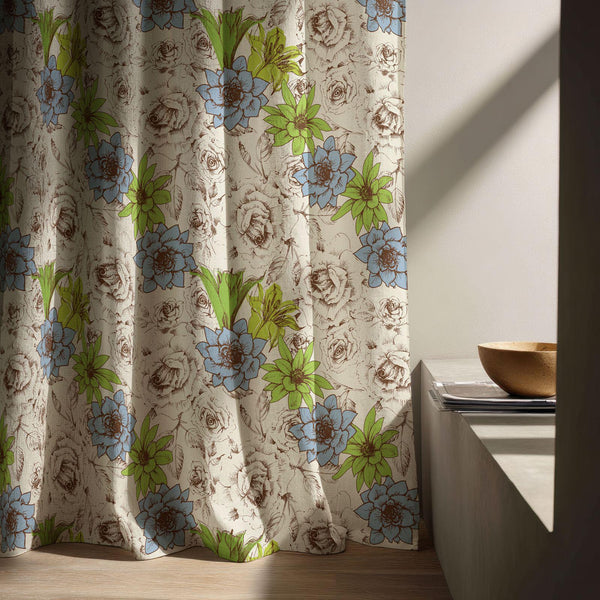 Blue-Green-Floral-Print Linen Curtain – Sketch Rose Botanical Pattern Drape