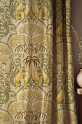 Green Art Nouveau Linen Curtain – Vintage Yellow Bird & Floral Botanical Print Drape - Image 1