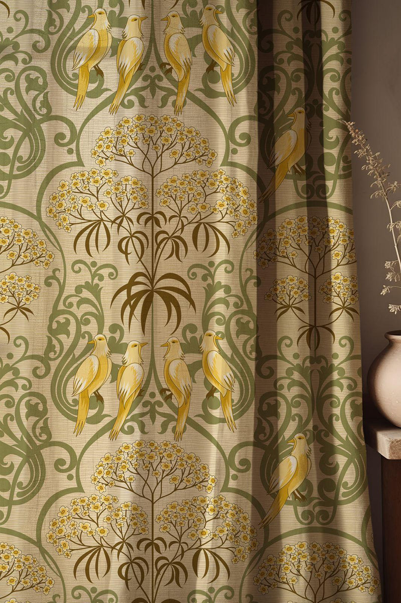 Green Art Nouveau Linen Curtain – Vintage Yellow Bird & Floral Botanical Print Drape