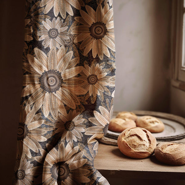Beige & Brown Floral Linen Curtain – Modern Sunflower Mosaic Print Drape