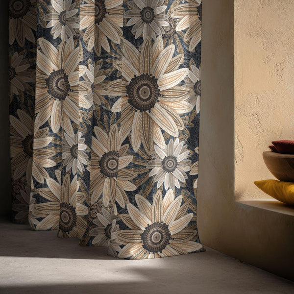 Beige & Brown Floral Linen Curtain – Modern Sunflower Mosaic Print Drape