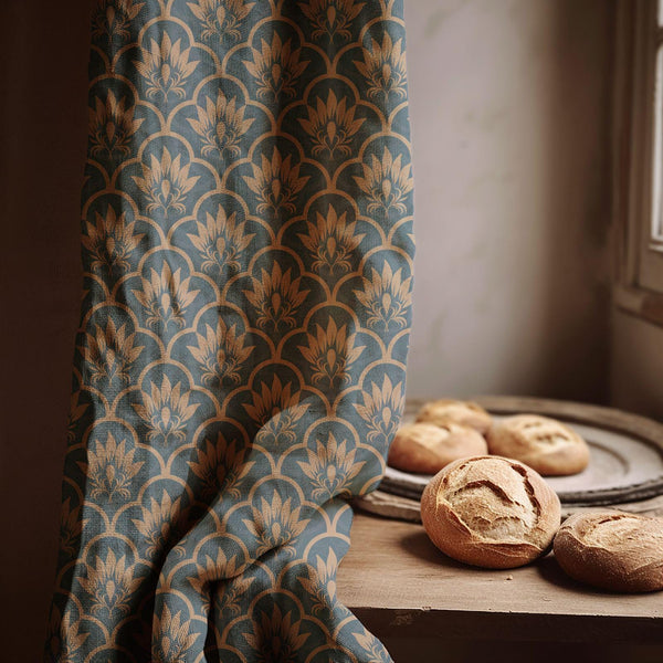 Vintage Damask Floral Linen Curtain – Teal & Beige Repeating Print Drape