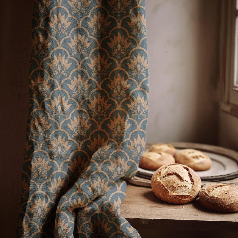 Vintage Damask Floral Linen Curtain – Teal & Beige Repeating Print Drape