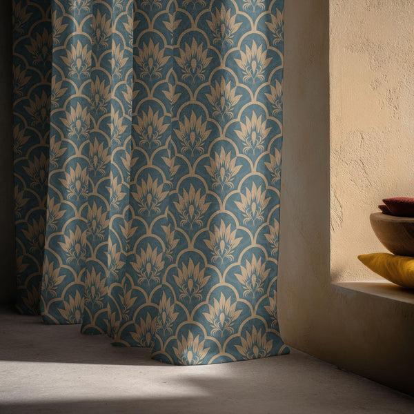 Vintage Damask Floral Linen Curtain – Teal & Beige Repeating Print Drape