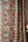 Traditional Red Floral Jacquard Linen Curtain – Vintage Ottoman Pattern Linen Drape - Image 1