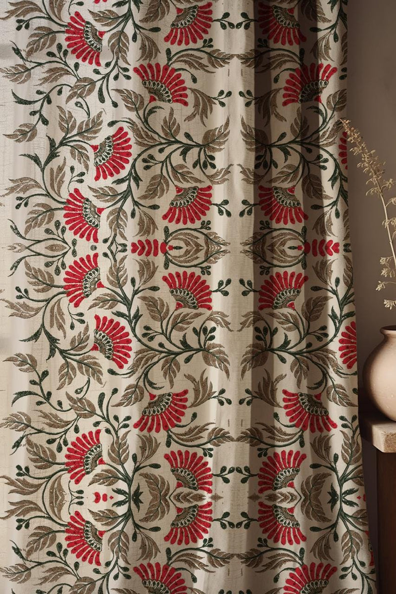 Traditional Red Floral Jacquard Linen Curtain – Vintage Ottoman Pattern Linen Drape