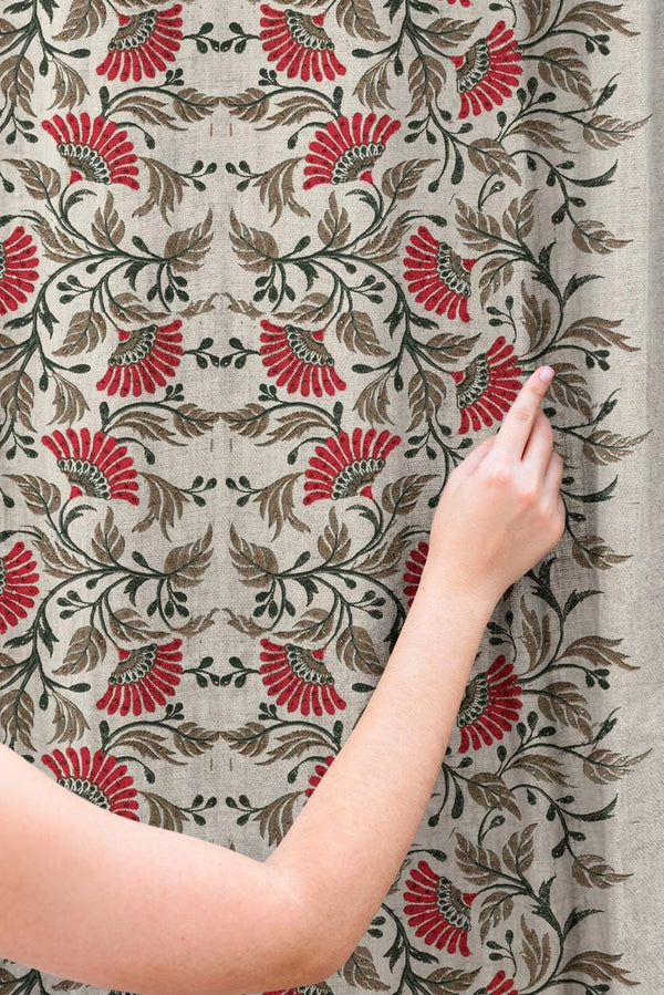 Traditional Red Floral Jacquard Linen Curtain – Vintage Ottoman Pattern Linen Drape