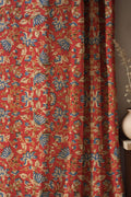 Red Floral Botanical Linen Curtain – Vintage Ottoman Style Linen Drape - Image 1