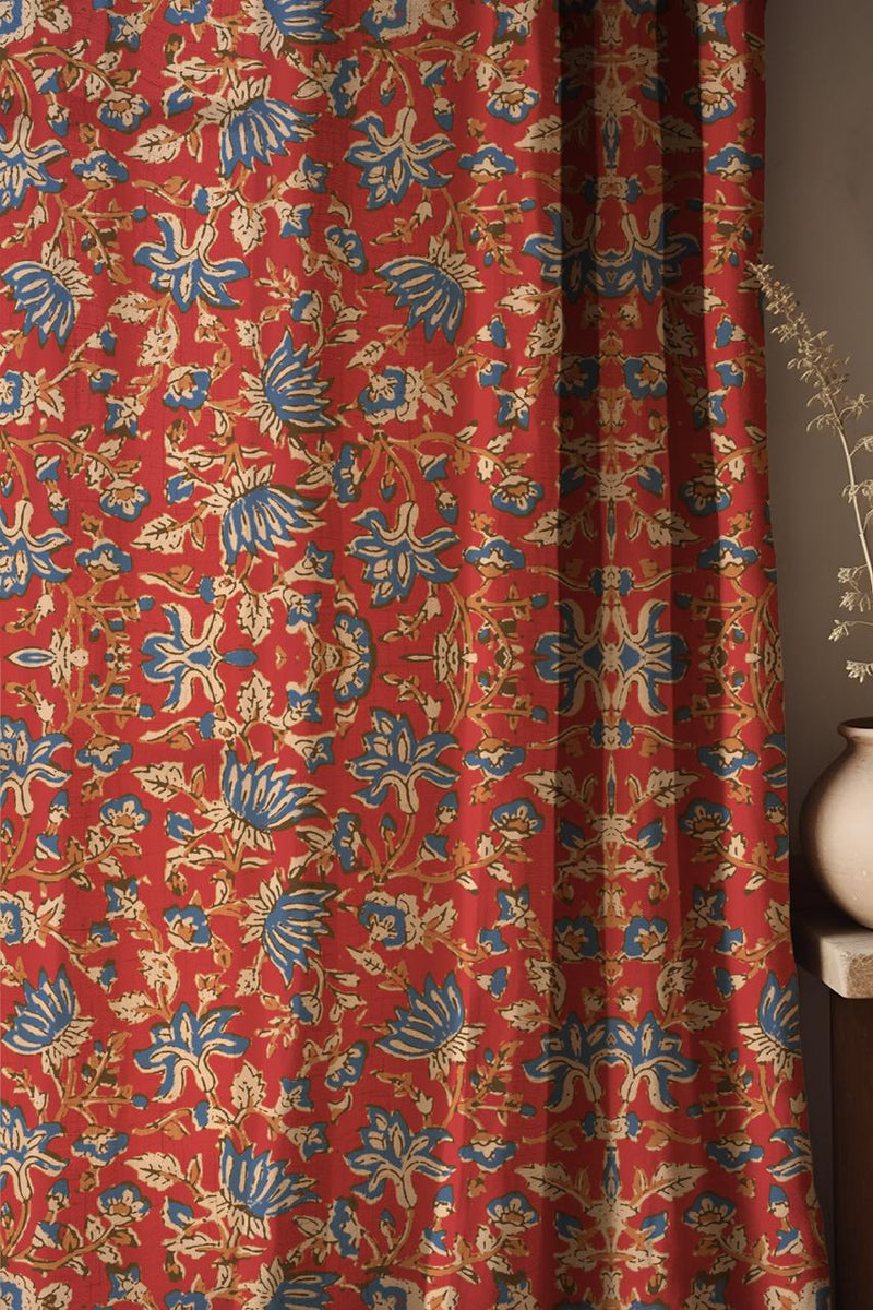 Red Floral Botanical Linen Curtain – Vintage Ottoman Style Linen Drape